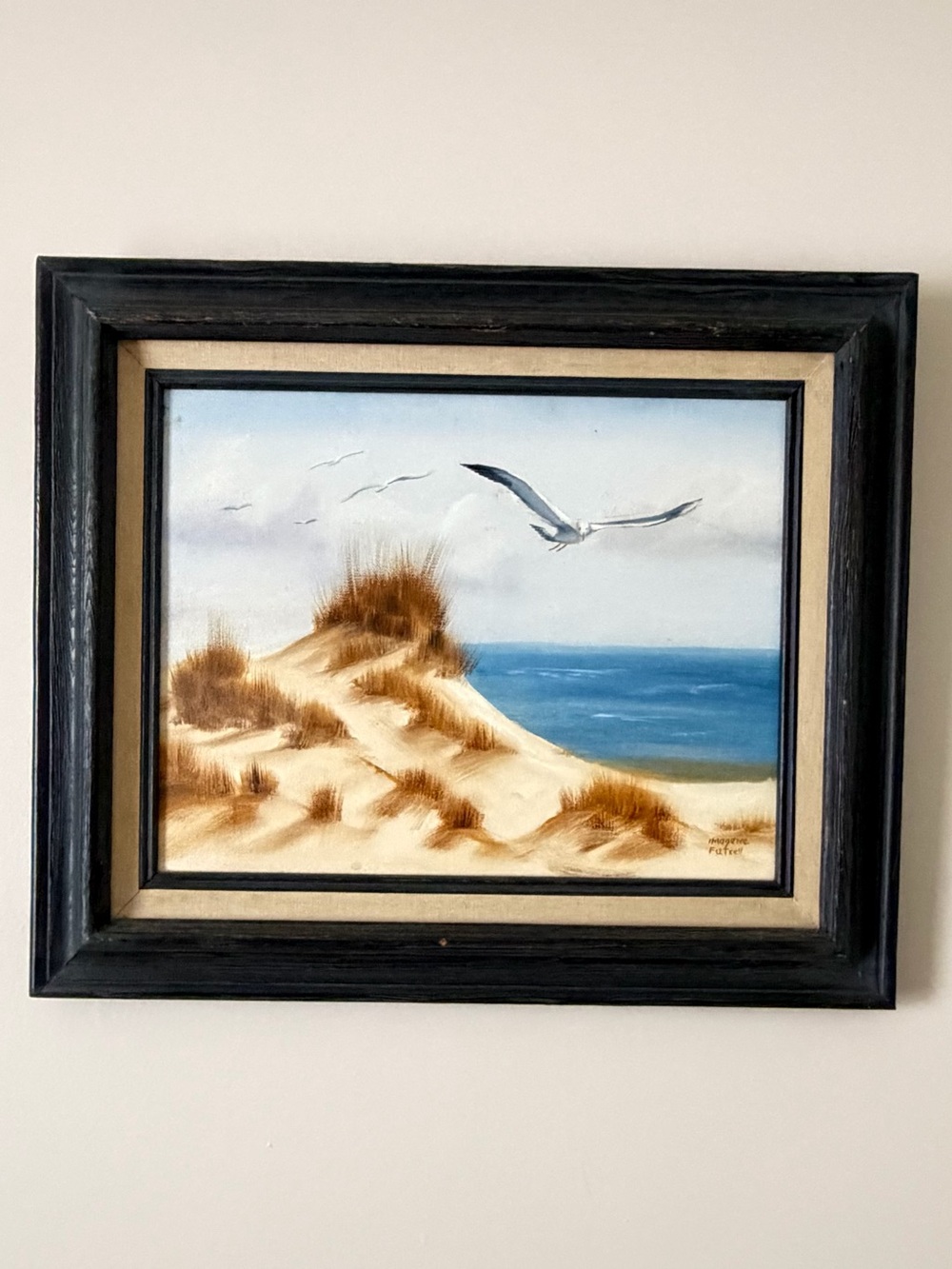 Vtg Fredrix Canvas Framed Artwork Signed I. Futrell 19x16.5 Seagulls Beach Scen